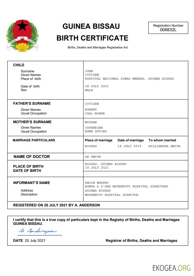 Acte de naissance en Guinée Bissau